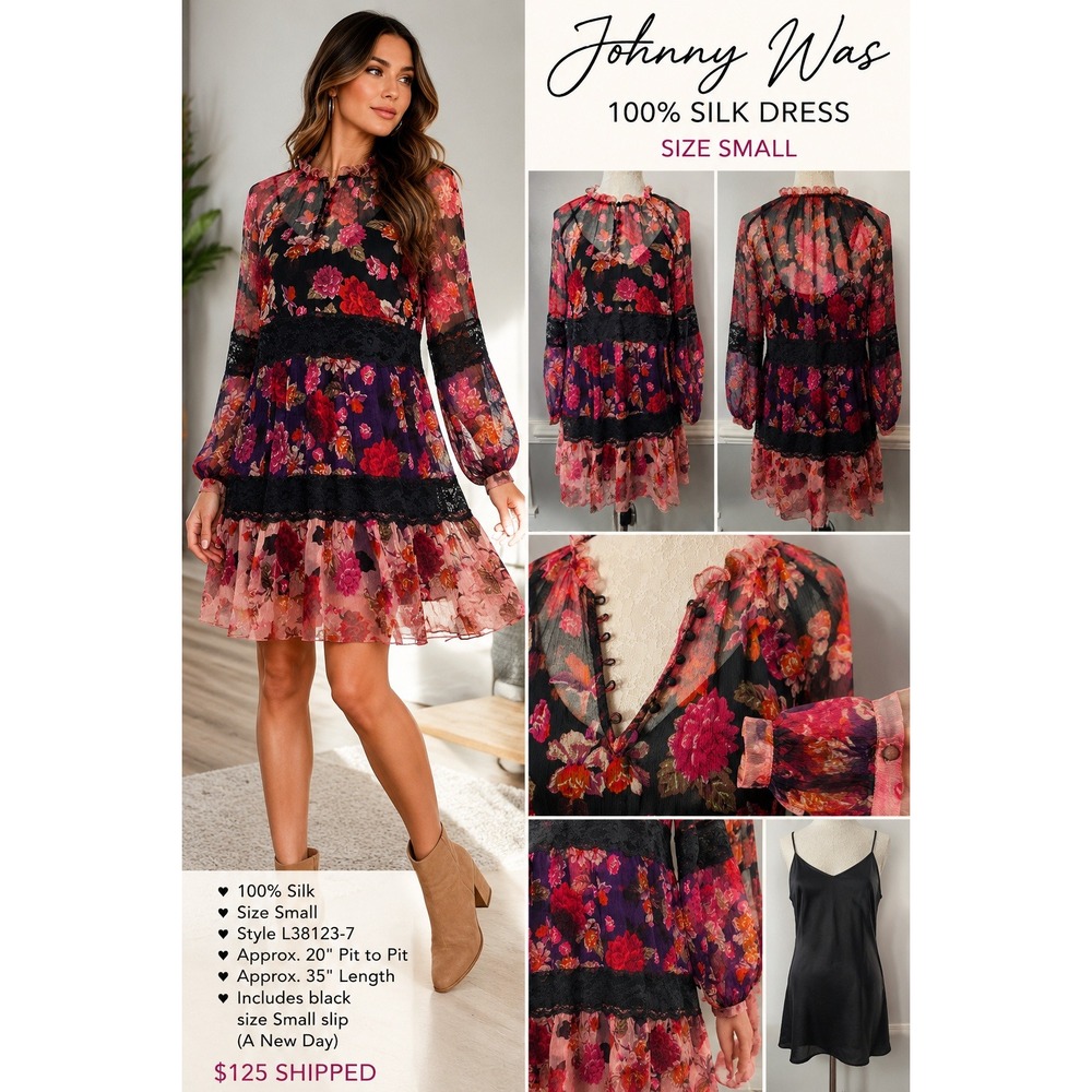 Johnny Was Dress Floral 100% Silk Lace Trim Boho Tiered Red Pink Small